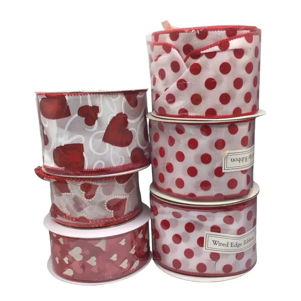 Valentine Ribbon Lot Red White Hearts Polka Dot Wired Craft Decor 6 Rolls